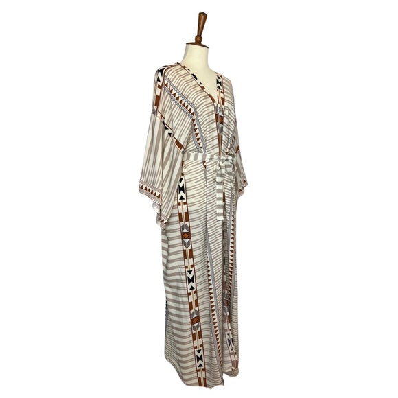 Boho Aztec Tribal Cream Tan & Black Kimono Beach Coverup Duster - Picture 11 of 16